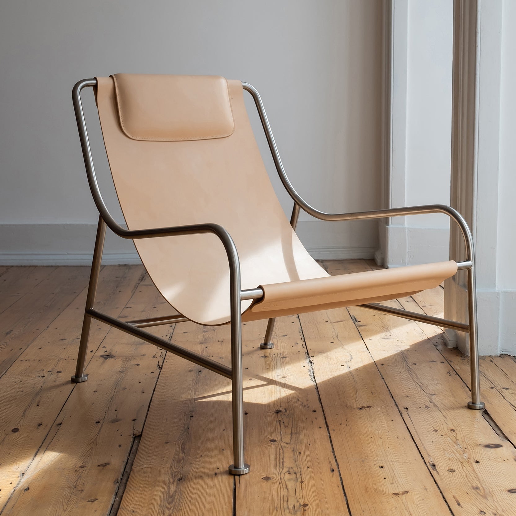 2x LISBOA - Designer Sling Chair in Leather and Stainless Steel