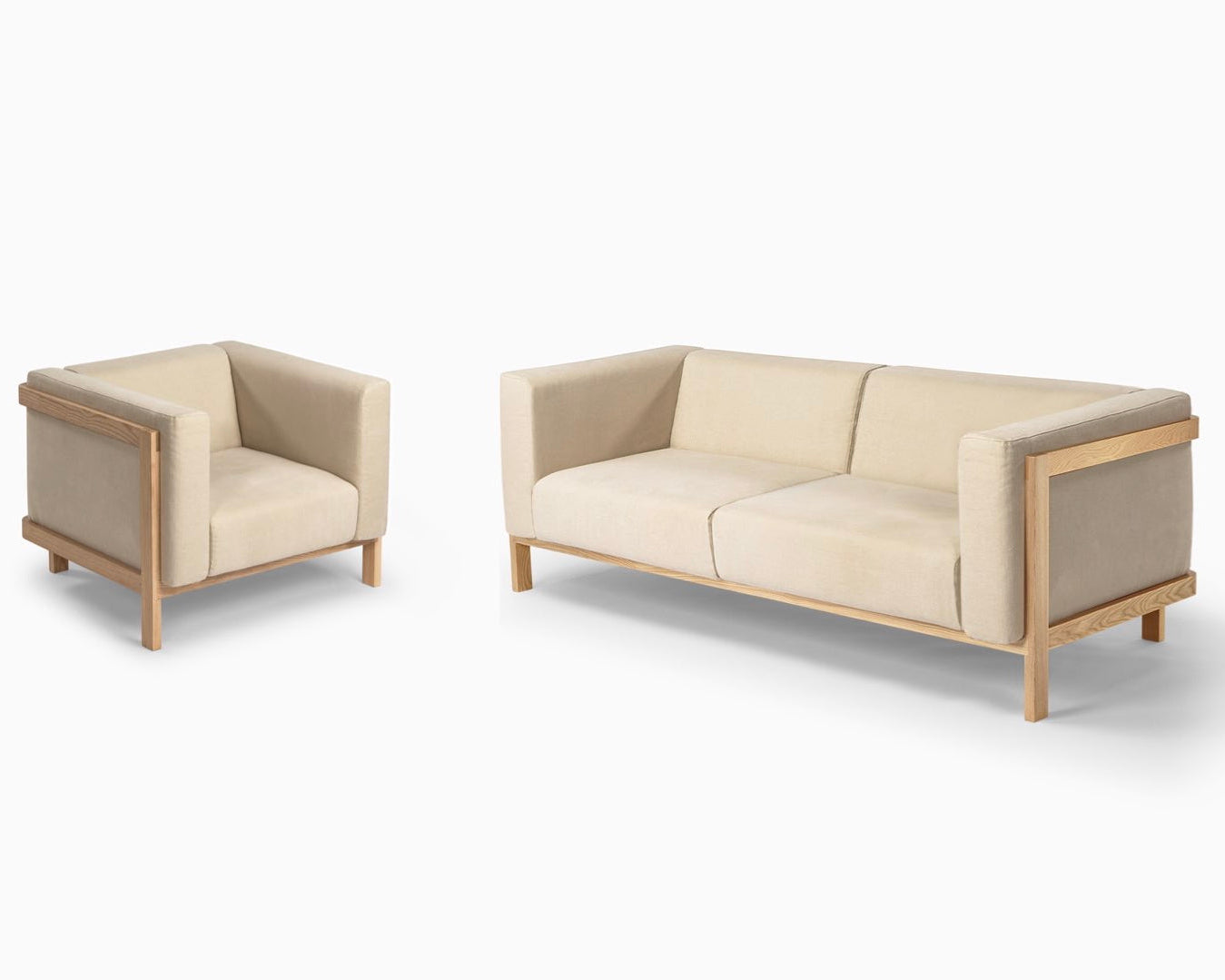 2x LIFT – Lounge Chair  & Three Seat Sofa in Solid Wood and Customizable Seat