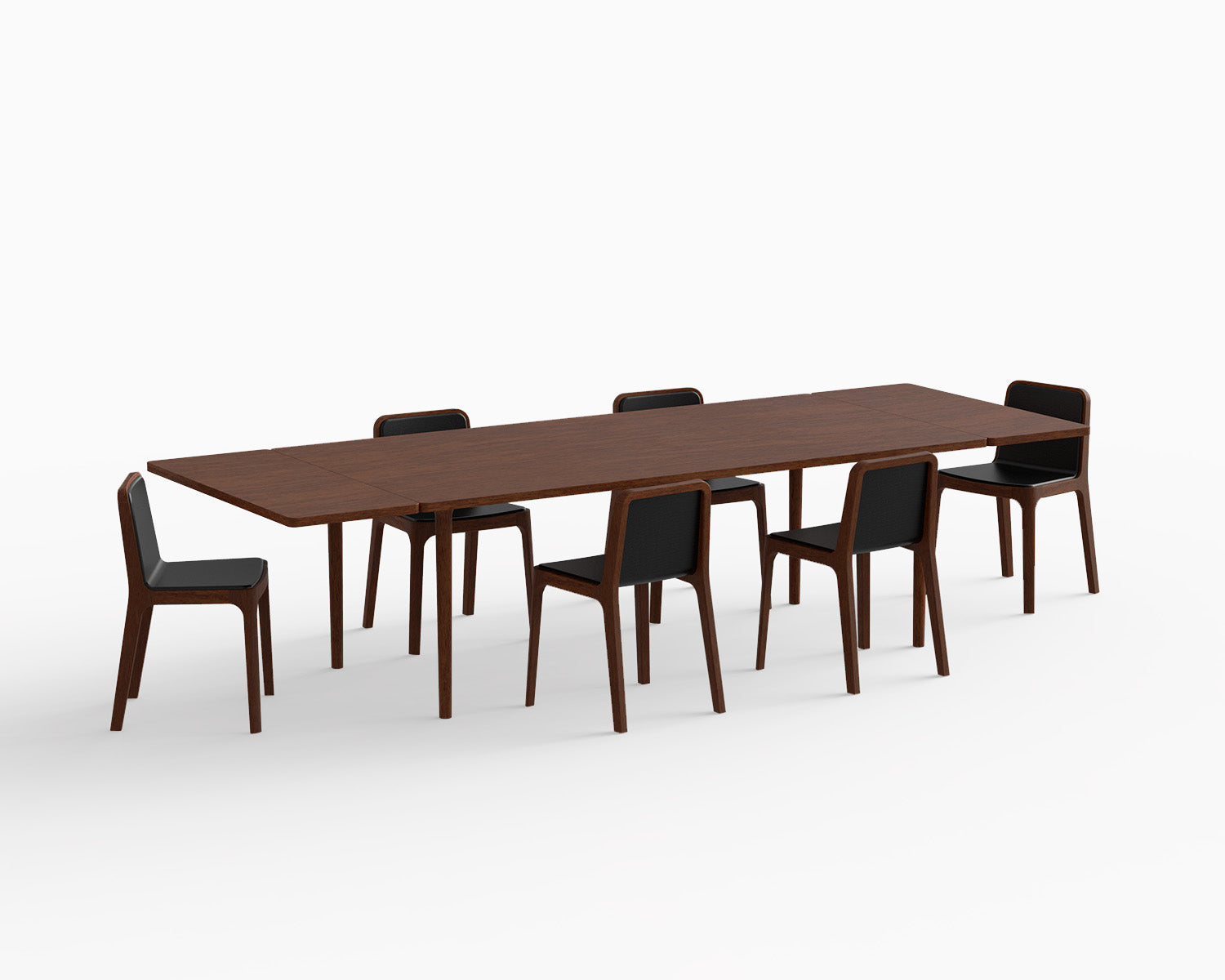 Minimalist Modern DINING Set - 1 Table Extensive in Walnut Wood + 6 Minimalist Modern Cast Chair in Walnut Wood - 7 Pieces