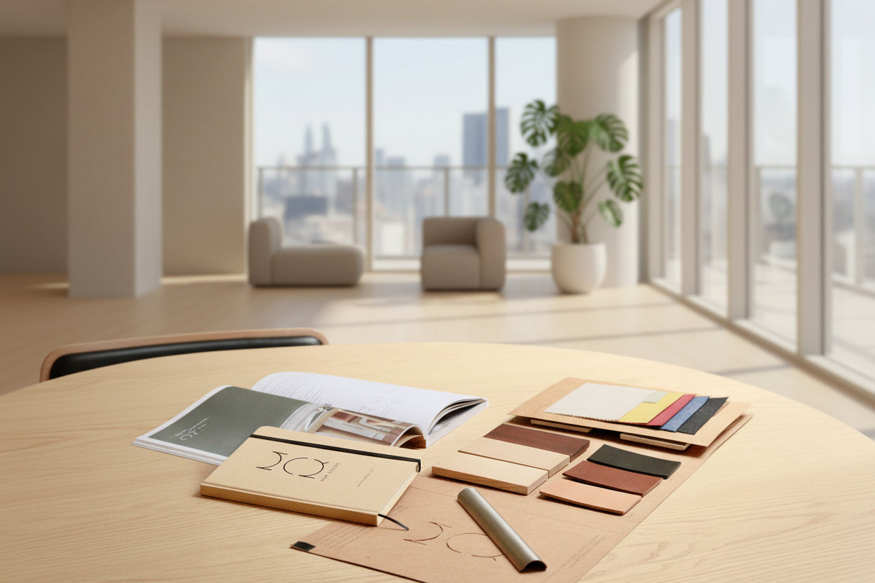 A styled flat-lay of a leather journal with a black elastic closure on a light wood table, alongside a leather swatch book, an open magazine, and a silver pen.