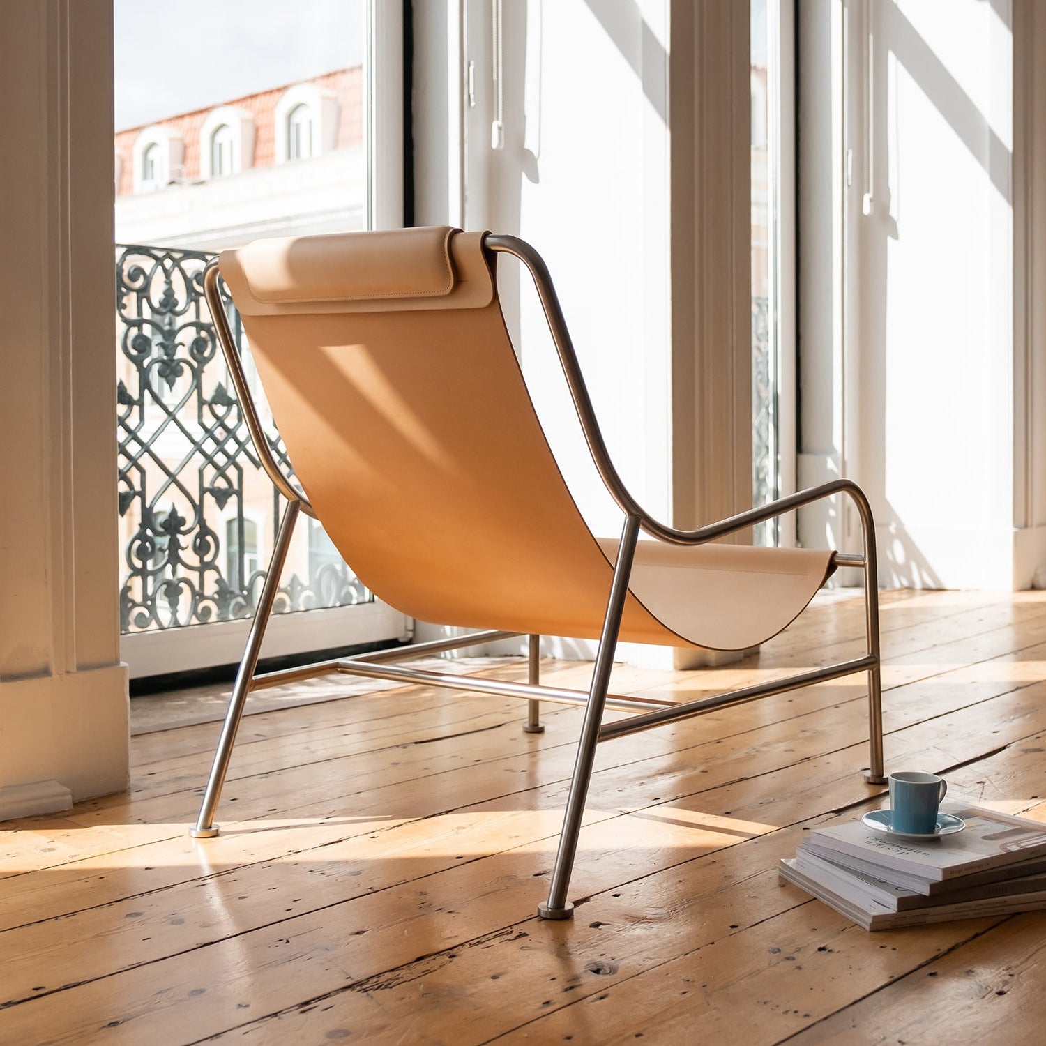 2x LISBOA - Designer Sling Chair in Leather and Stainless Steel
